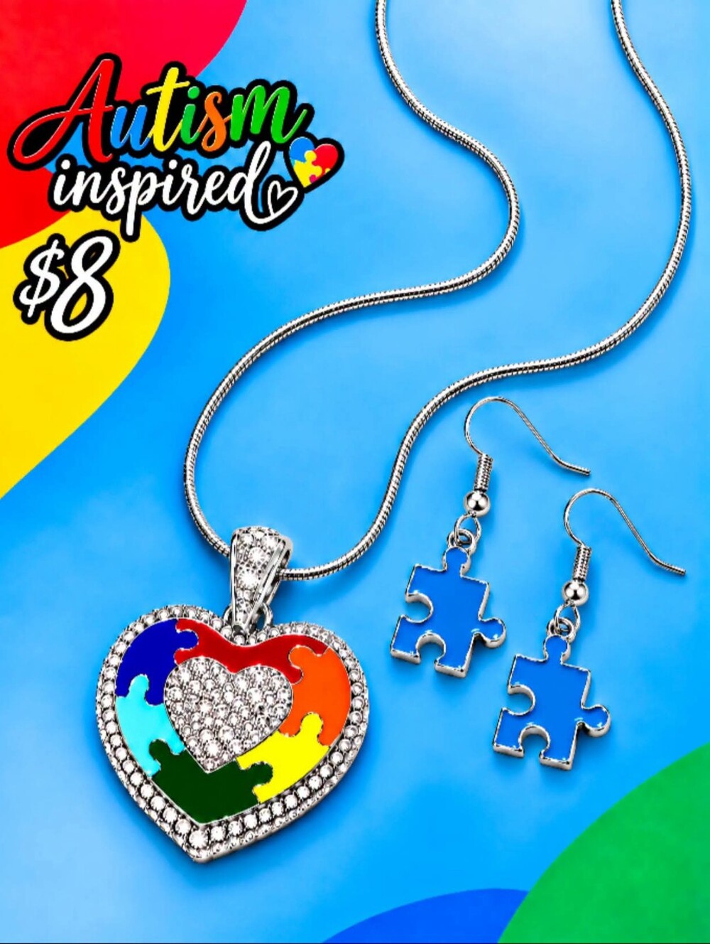 Autism Inspired Rainbow Heart Pendant Necklace & Puzzle Earrings - Silver